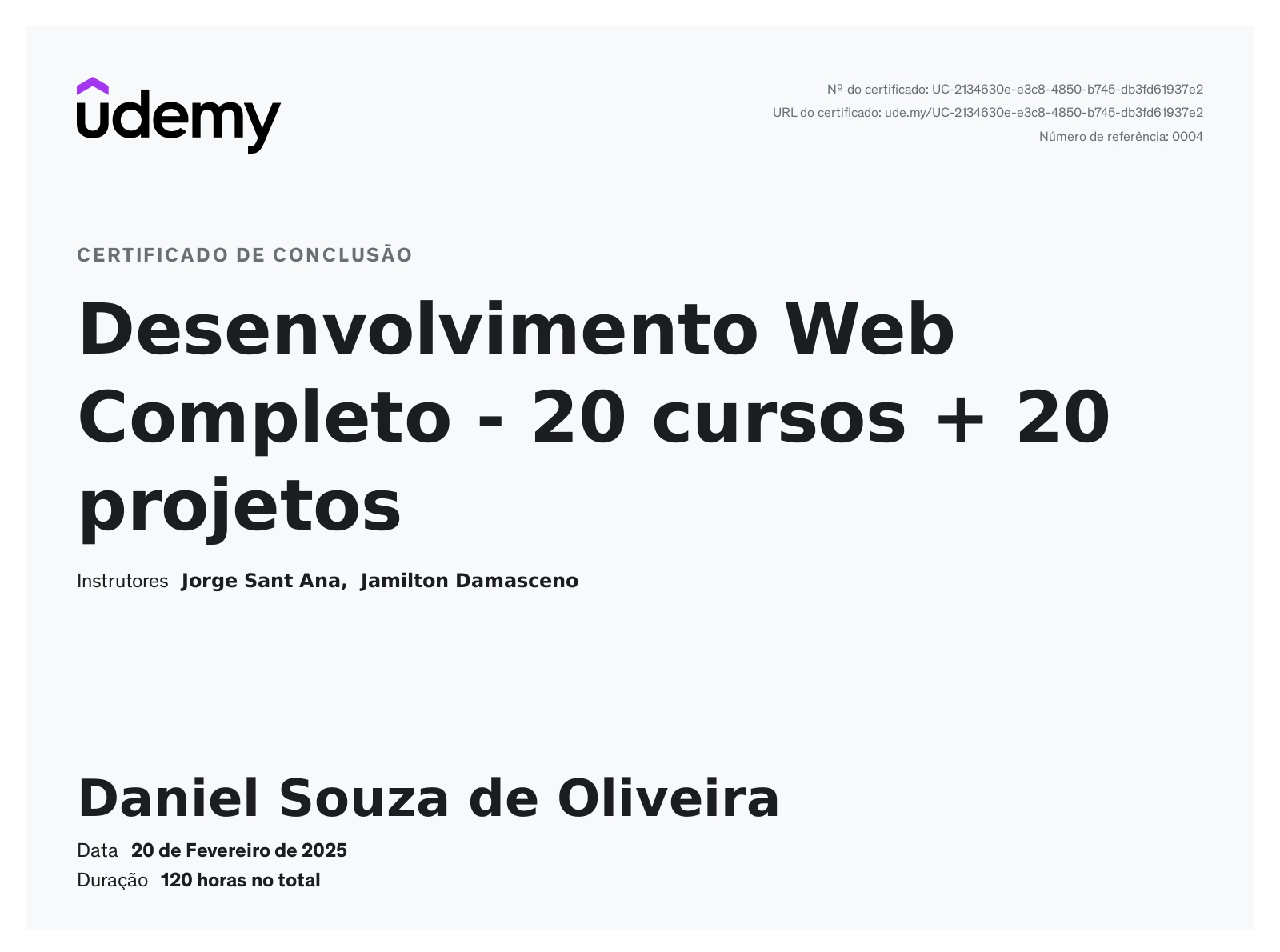 Certificado Udemy — Desenvolvimento Web Completo